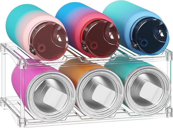 Lifewit Stackable Bottle Storage Organizer, Clear Freestanding Wine Holder for Cabinet, Large Slot Water Bottle Tumbler Cup Organizer for Pantry, Plastic Wine Rack for Fridge Cellar, 2Tier Hold 6