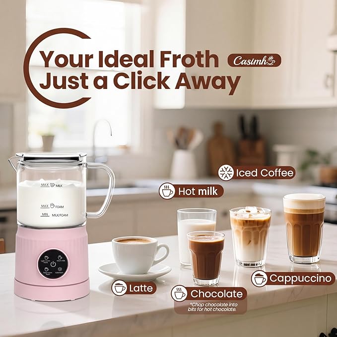 Casimhu 4-in-1 Milk Frother, Electric Milk Frother and Steamer with LED Touch Screen, Ceramic Lining Bottom, Milk Warmer 13.52oz for Lattes, Cappuccinos, and Macchiatos at Home (pink)