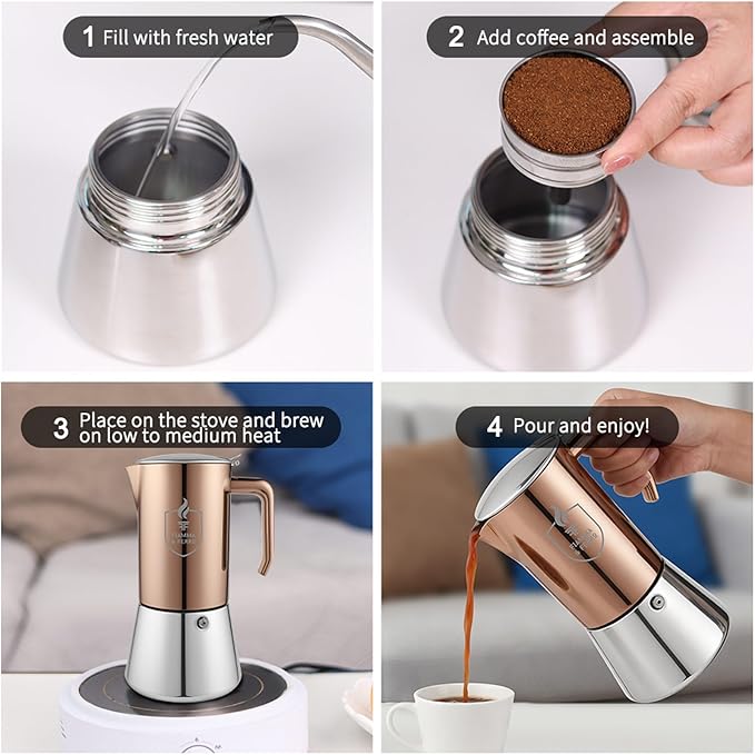 FIAMMA & FERRO Premium Italian Espresso Maker - 12-Cup (20oz) Stainless Steel Moka Pot, Copper PVD Finish, Induction Compatible, No Aluminum