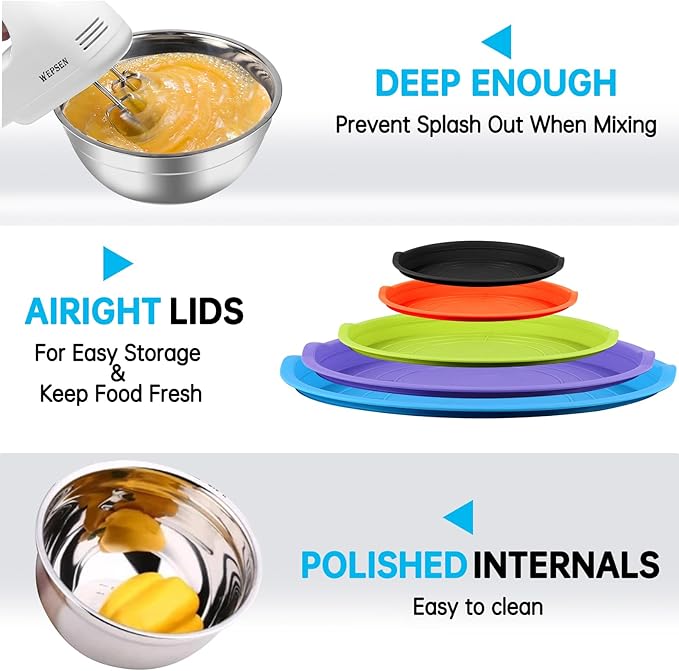 WEPSEN Mixing Bowls with Lid Set, 25PCS Kitchen Utensils Metal Bowl Stainless Steel Nesting Bowls, Measuring Cups and Spoons, Egg Whisk for Baking Prepping Cooking Serving Supplies