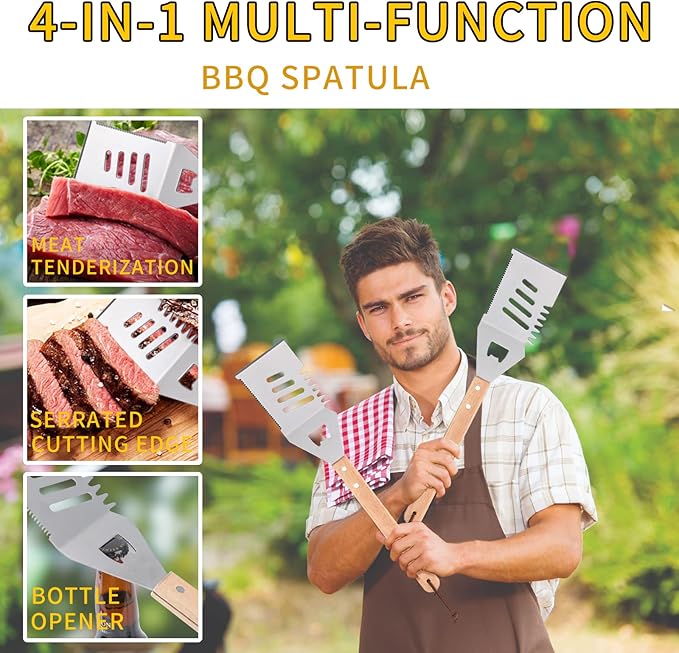 4-in-1 BBQ Spatula, Multifunction Grill Spatula with Wooden Handle, perfect for BBQ grills and kebabs for camping picnics