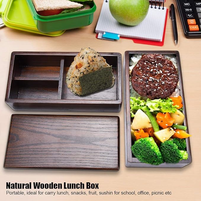 TOPINCN Lunch Box Wooden Healthy Double Layer Rectangle Food Snacks Fruit Container for Office Picnic Sushi