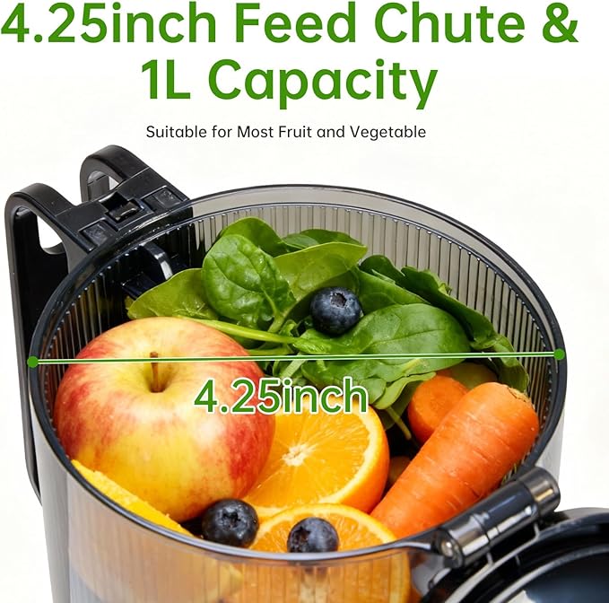Cold Press Juicer, 92% High Nutrient Retention Slow Masticating Juicer with Wide 4.25" Chute & Reverse Function, Low Heat Oxidation, Easy Clean Quiet Motor, Black