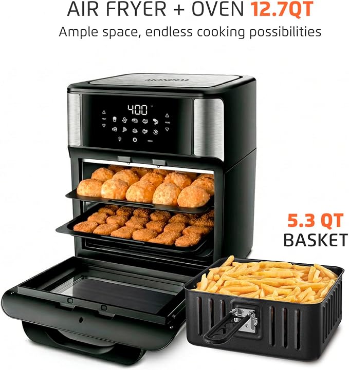 Air Fryer Oven 1800W, 12.7QT Capacity, Touchscreen Panel, Automatic Shut-Off, Toaster + Airfryer – Black & Stainless Steel – Mondial