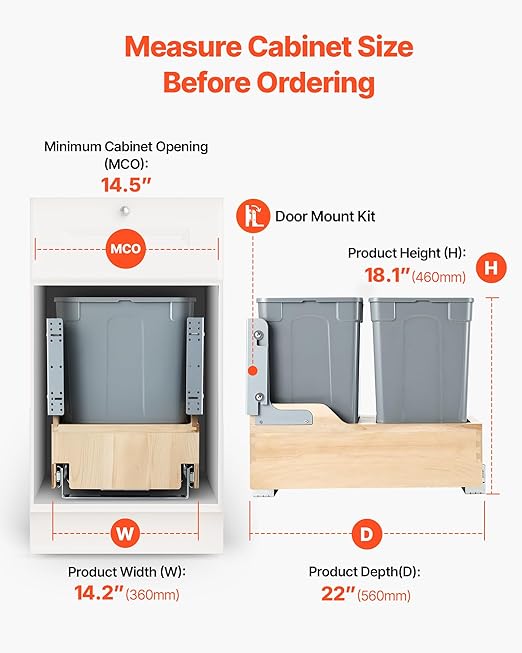 VEVOR Wood Pullout Trash Can for Kitchen Cabinets, 35 QT x2 Double Under Sink Garbage Waste Recycling Bin, Under Mount Waste Container, with Heavy Duty Metal Soft Close Sliding System and Door Kit