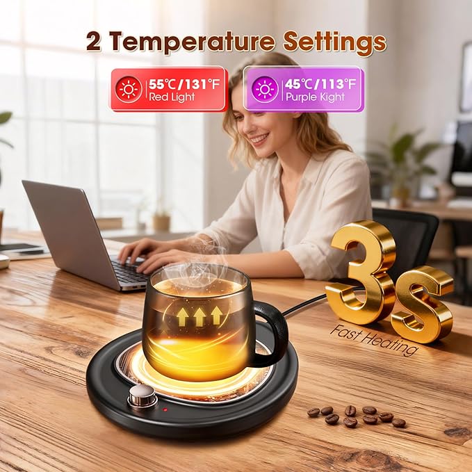 Coffee Mug Warmer - Large Candle Warmer Plate, 2-Temp Setting (131℉ & 113℉) & Fast Heating, Elegant Desk Warmer for Coffee/Tea/Milk/Candle, Ideal Office Home Gift (Black)
