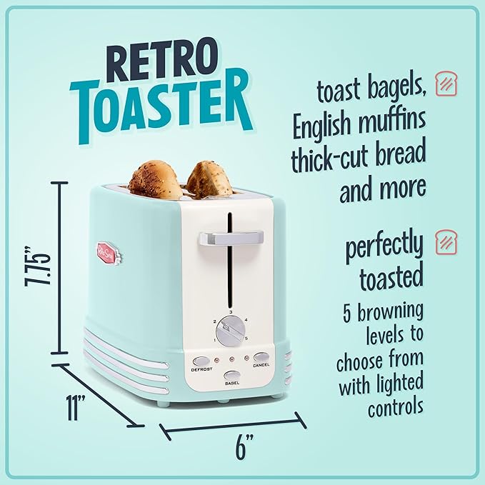 Nostalgia New and Improved Wide 2-Slice Toaster Perfect For Bread, English Muffins, Bagels, 5 Browning Levels, With Crumb Tray & Cord Storage, Aqua
