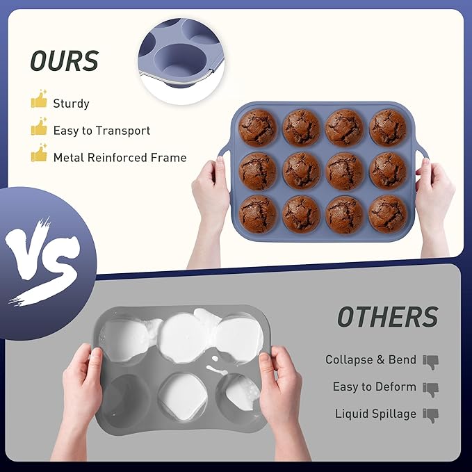 Socisen 2 Packs 12 Cups Silicone Muffin Pan with Metal Reinforced Frame Regular Size Cupcake Pan Tray Egg Bites Silicone Circle Cookie Molds Muffin Tin Bread Loaf Pans for Homemade Reusable Tart Pans