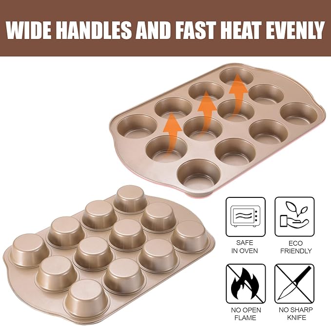 2 Pack Nonstick Muffin Pan Set, 12-Cup Heavy Duty Cupcake Baking Pan with Handles - PFOA-Free Muffin Tin, Rust Proof & Warp Resistant, Oven Safe 430°F (Gold)