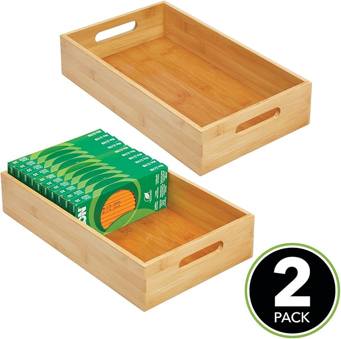 mDesign Wide Bamboo Office Desk Drawer Organizer Tray Bin with Handles - Organizer for School Supplies, Pens, Pencils, Notepads, Staplers, Envelopes - Echo Collection, 2 Pack, Natural Wood Finish