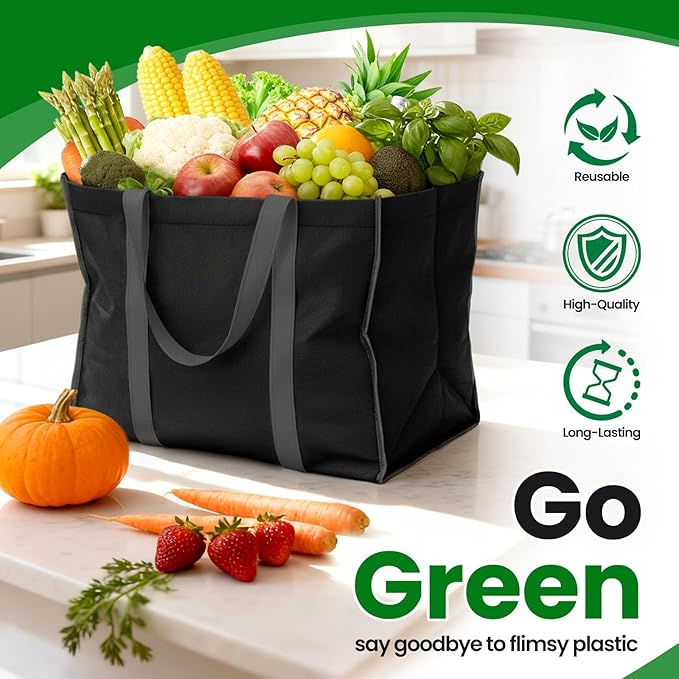 SpaceWhisper Reusable Grocery Bags with Long Handles [8 Pack] - Multipurpose Large Shopping Bags for Groceries, Foldable Grocery Totes Resist Water & Stains for Kitchen, Car Trunk, Picnic (Black)
