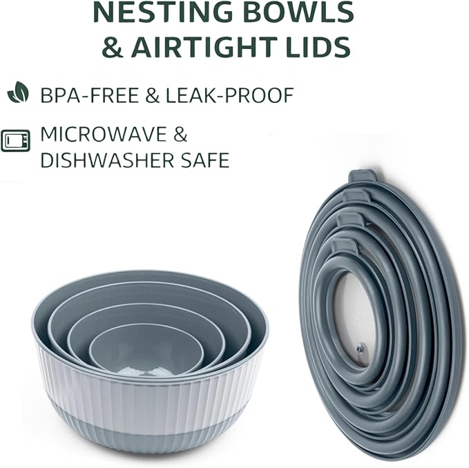 Mixing Bowls with Lids, 8-Piece Airtight Leak-Proof Nesting BPA-Free Bowl Set for Kitchen & Food Storage, Large 4200ml Capacity, Microwave & Dishwasher Safe