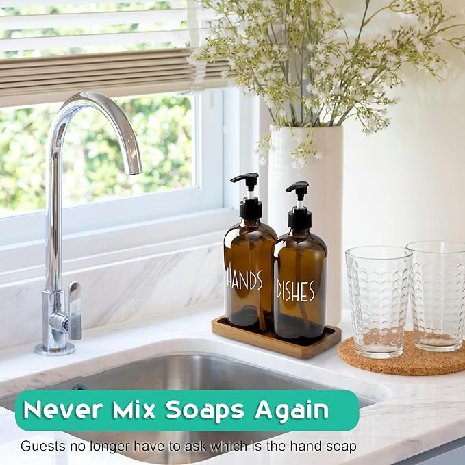 ALELION Amber Dlass Soap Dispenser for Kitchen - 16 OZ Hand and Dish Soap Dispenser Set with Acacia Wood Tray - for Kitchen Decor and Accessories