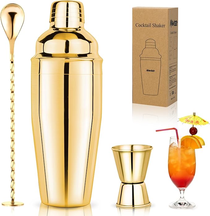 24oz Cocktail Shaker Set Martini Shaker Set Bartender Set with Margarita Mixer Drink Shaker, Measuring Jigger and Mixing Spoon - Professional 18/8 Stainless Steel Bar Tools for Mixed Drinks (Gold)