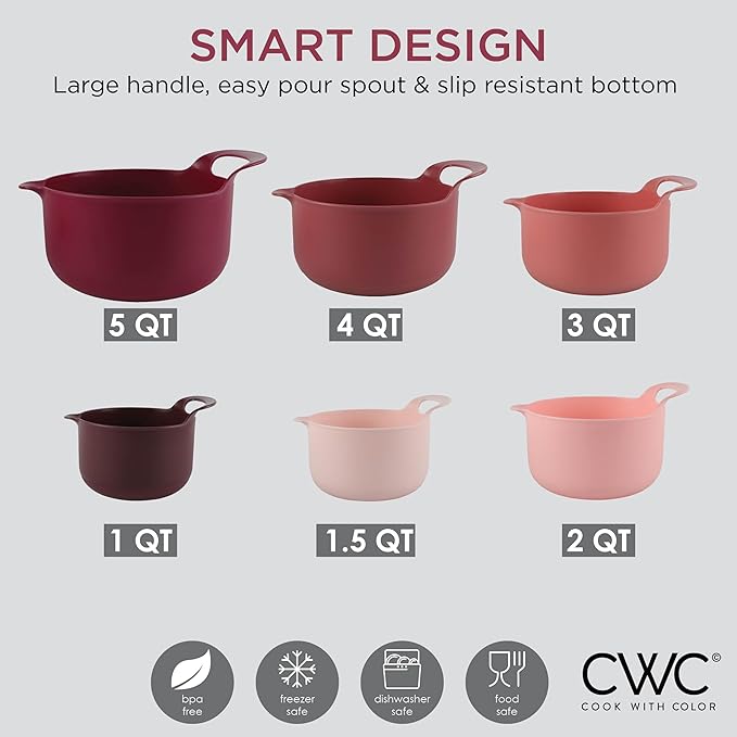 COOK WITH COLOR Nesting Plastic Mixing Bowl Set with Pour Spouts and Handles, Rose, 6 Piece Non-Slip