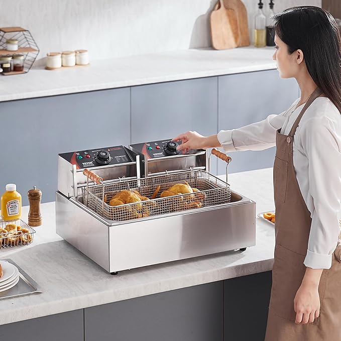 VEVOR Commercial Deep Fryer, 3000W Electric Turkey Fryer with 3 Removable Baskets, Large Capacity 18Qt / 17L Stainless Steel Countertop Single Oil Fryer, for Kitchen Restaurant Use, Silver