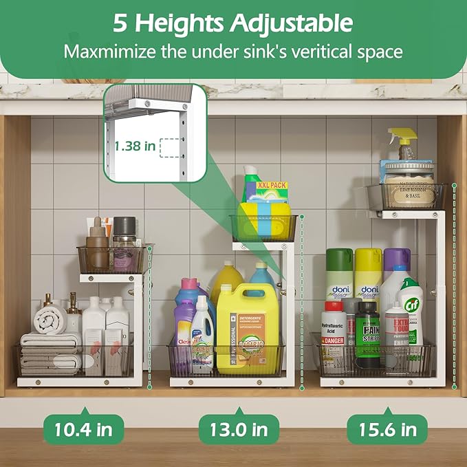 ADRIMER Under Sink Organizer 2 Packs, Pull Out Kitchen Sink Organizer, 2 Tier Slide Out Kitchen Organizers and Storage Bathroom Under Cabinet Storage Shelf, Grey & White