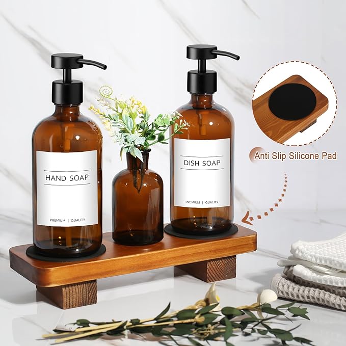 KASUNTING Amber Glass Soap Dispenser with Upgraded Flat Pump, Dish Soap Dispenser for Kitchen, Hand Soap Dispenser for Bathroom, Decorative Vase & Wood Riser Bathroom Decor(Amber02)