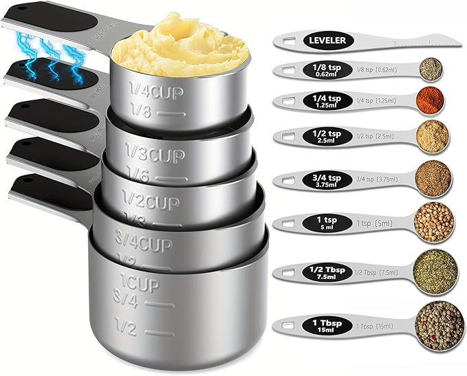 Measuring Cups and Spoons Set,304 Stainless Steel 5 Magnetic Measuring Cups and 8 Sigle Sided Measuring Spoons with 1 Leveler,Kitchen Gadgets for Cooking & Baking