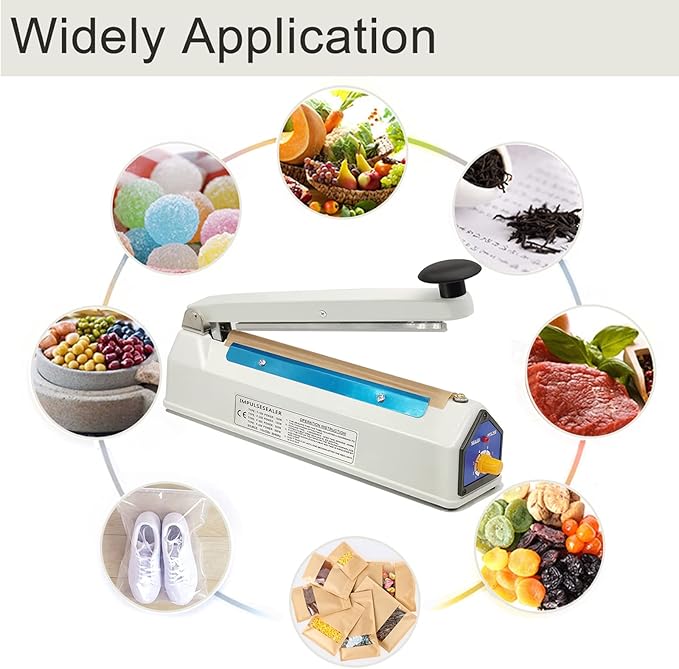 Impulse Sealer 8 Inch 5mm Sealing Heat Sealer for Plastic Bags, Iron Metal Shell, Mylar Bag Sealer, Manual Poly Plastic Bag Hot Seal Machine, 4 Repair Kit(2 Cutting Lines Included)