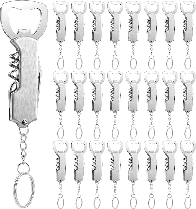 Ziliny 24 Pcs Bottle Opener Keychain Bulk Wine Bottle Beer Opener Keychain 3.27" Stainless Steel Corkscrew Waiter Corkscrew Wine Keyring Gifts for Christmas Bar Party Wedding Home (Silver)