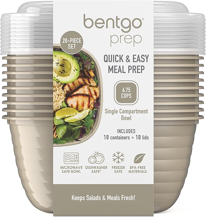 Bentgo Prep - 1-Compartment Bowls with Custom Fit Lids - Reusable, Microwaveable, Durable, PFAS & BPA-Free, Freezer and Dishwasher Safe Meal Prep Food Storage - 10 Bowls & 10 Lids (Champagne)