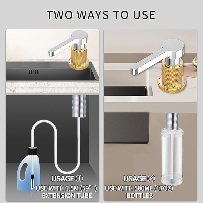 SD-80 All Brass Sink Soap Dispenser for Kitchen Sink Copper Pump Built in Dish Soap Dispenser with 17.6 oz(520ml) Bottle and 59"(1.5m) Extension Tube Kit (White)