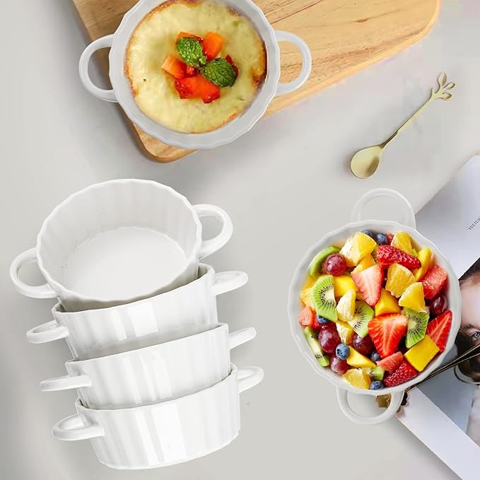 Foraineam 6 Pack Oven Safe Porcelain Souffle Dishes with Double Handles, 10 Ounce Round Mini Quiche Pan, Baking Pie Dish Ramekins For Pudding, Creme Brulee, Souffle