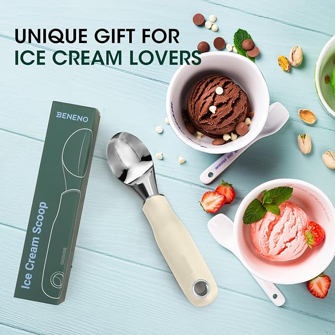 Beneno Heavy Duty Ice Cream Scoop - Upgraded Anti-Fracture Design, Comfortable Grip Long Handle, Effortless Scooping & Dishwasher Safe, Cream