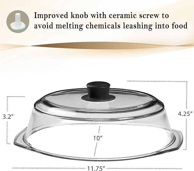 Le’raze Tall Glass Microwave Splatter Cover for Food - Cookware & Bakeware Serving Dish Cover, Plate Guard Lid with Easy Grip Silicone Handle Knob - 100% Food Grade BPA Free & Dishwasher Safe - 10in