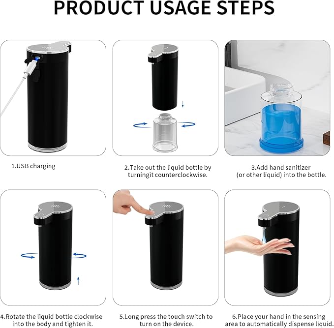 Automatic Liquid Soap Dispenser, 304 Stainless Steel Bottle Body &12 oz/350ml Rechargeable, 4 Adjustable Liquid Levels, IPX5 Waterproof for Bathroom,Kitchen,Hotel(Stainless Steel for Liquid Soap)