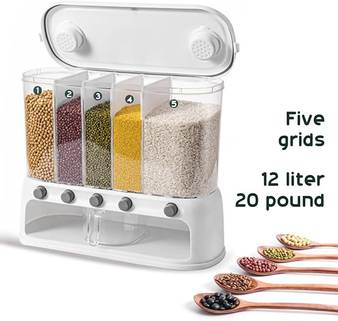 ETOYA Dry Food Dispenser, Wall mounted 5 Grid Cereal Dispenser,Rice dispenser 25 pounds Kitchen Storage with Measuring Cup for Kitchen, Pantry, Restaurant & Bulk Food