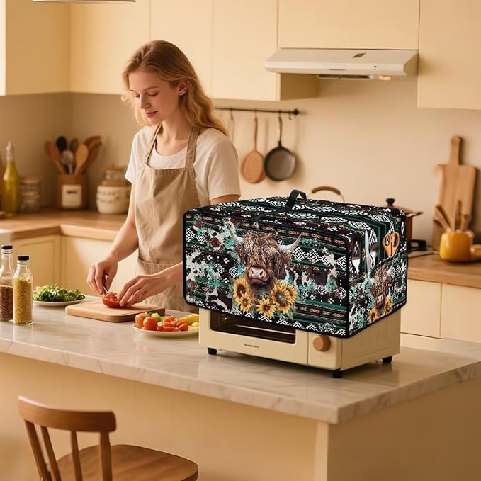 Toaster Oven Dust Cover Washable Fabric Convection Oven Cover Protector Compatible with Various Small Kitchen Appliances, S, Aztec Highland Cow Sunflower