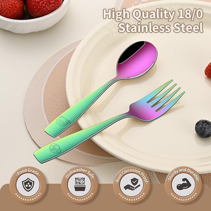 DEHOV Rainbow Toddler Eating Utensils Set,Set Of 12 Food Grade Stainless Steel Silverware Sets For Kids,Dishwasher Safe Children Small Metal Spoons And Forks Flatware Sets