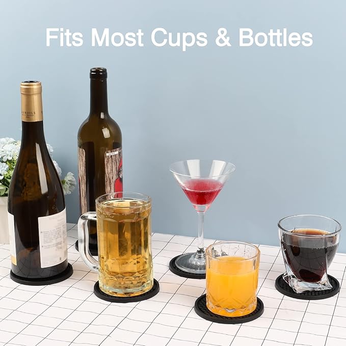 3 Pack Silicone Coasters for Drinks, Thickened Black Coaster with Deep Tray Grooved Design Cup Mat, Washable Heat Resistant Durable Non-Slip Coasters for Coffee Table Wooden Desk Kitchen Bar
