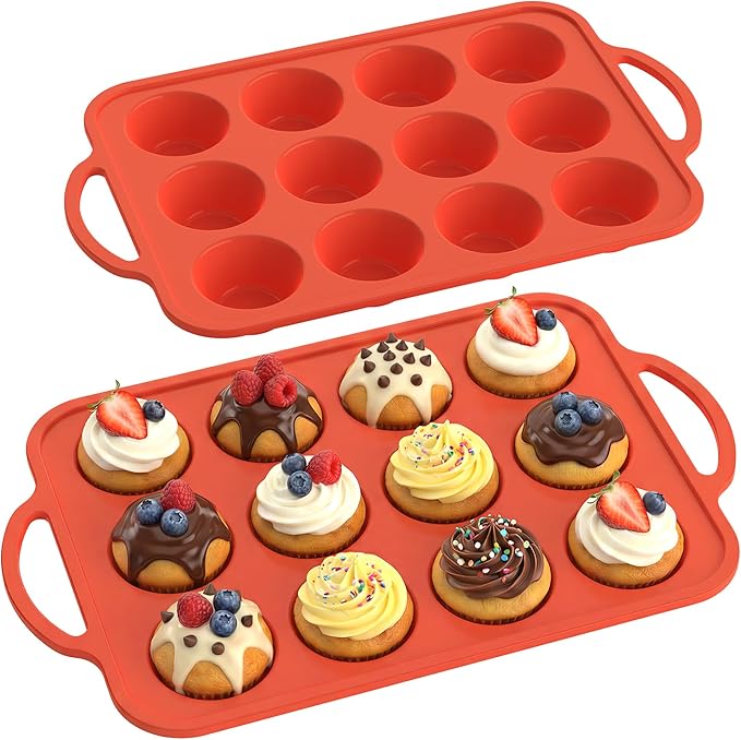 2Pack Silicone Muffin Pan for Baking with Metal Reinforced Frame, 12 Cup Regular Size Cupcake Pan, BPA Free Silicone Muffin Tray, Cupcake Baking Pan Molds for Oven Dishwasher Safe - Orange