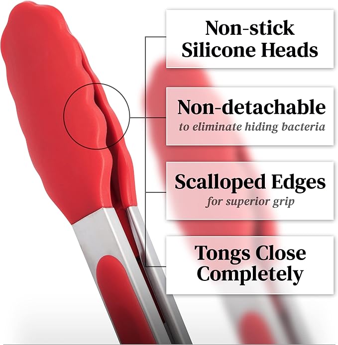 Popco 3-Piece Kitchen Tongs Set – Stainless Steel Heat Resistant Silicone Tips, Strong Comfort Grip, 3 Sizes (7, 9, 12 Inch), Non-Scratch, Dishwasher Safe, for Cooking, BBQ, Salad