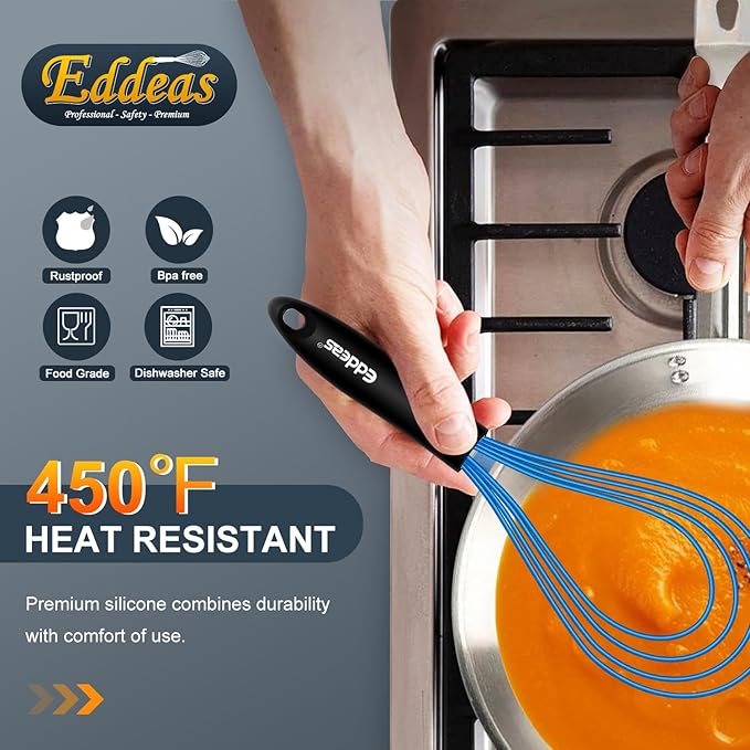 Silicone Whisk, Non Scratch Whisk for Cooking, 5+7+9+11in Balloon Whisks, Suitable for Mixing, Blending. 11in Flat Whisks great for Ceramic Coated pans and Wider shallower pots. (Blue)