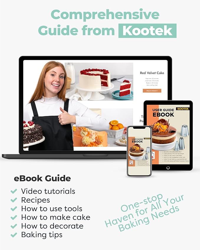 Kootek 71PCs Cake Decorating Kit, Baking Supplies Tools - Includes Cake Stand Turntable, 12 Icing Piping Tips Set, 2 Frosting Spatulas, 3 Scrapers, 50+2 Piping Bags, Coupler, Video Tutorial, Booklet