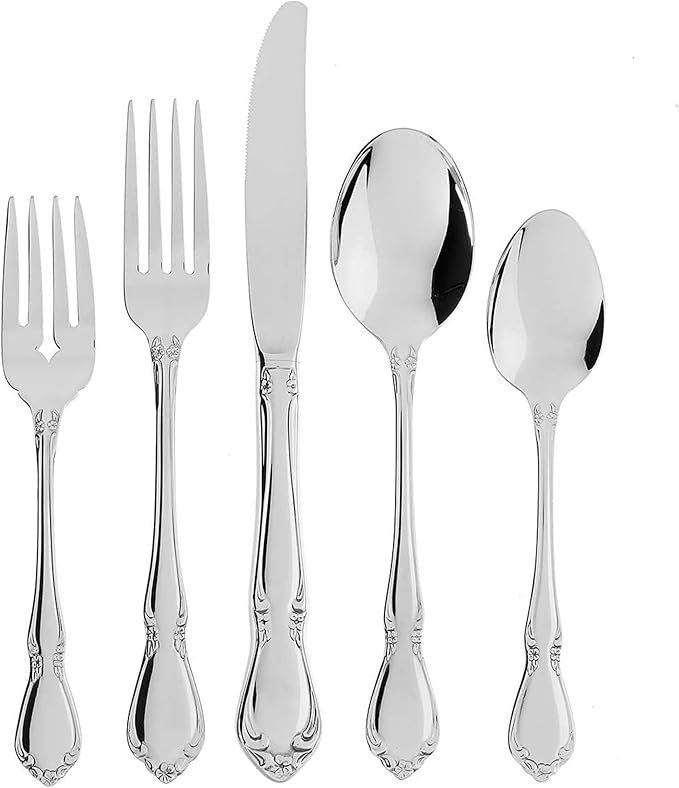Oneida Silverware Set, Chateau 5-Piece Fine Flatware Place Setting, Service For 1, Dishwasher Safe, 18/10 Stainless Steel, Knives Spoons And Forks, Home And Kitchen Utensils Set (Silver, 5 Piece)