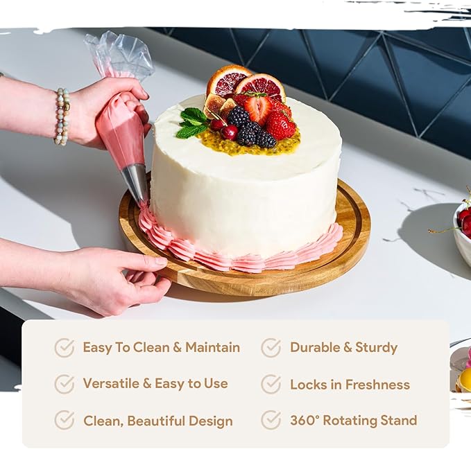 HOMESPHERE Rotating Cake Stand With Lid - 12 Inch Round Cake Holder with Cover, 4” Tall, Acacia Wood Spinning Cake Turntable for Decorating, Display and Serving Platter, Acrylic Cake Dome, No Glass