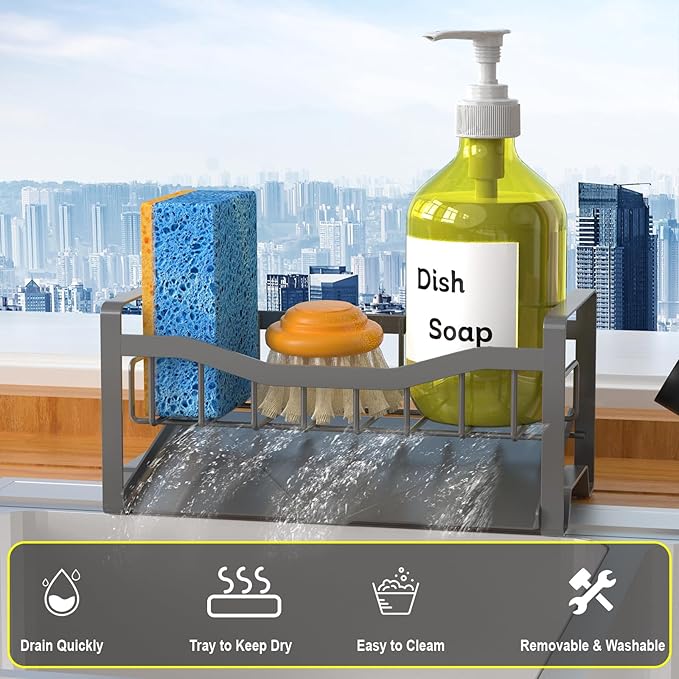 Maifan Stainless Steel Kitchen Sink Caddy Organizer with Auto Drain Tray, Sponge Holder for Countertop Storage Dark Gray