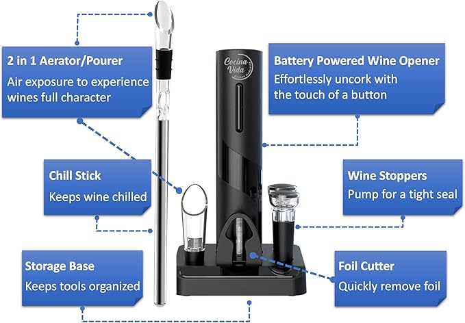Cocina Vida 8 Piece Electric Wine Bottle Opener Set Includes Foil Cutter, 2 Aerators, Bonus Chill Stick & 2 Vacuum Stoppers and Storage Base - Perfect Wine Lovers Gift- Wine Accessories