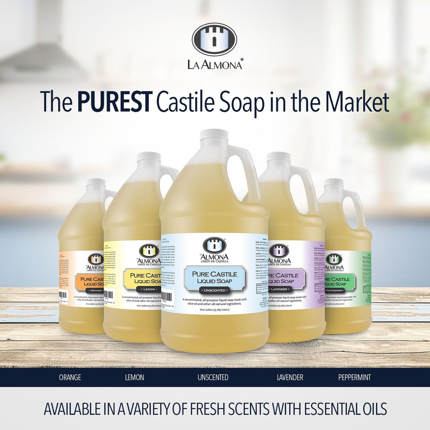 Pure Castile Liquid Soap, LAVENDER, 1 Gallon - Multipurpose: Hands, Face, Body, Laundry, Dishes & More - For Sensitive Skin, All-Natural Ingredients, Scented with Essential Oils