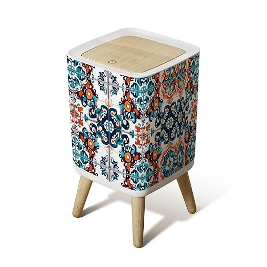 Small Trash Can with Lid Talavera pattern Indian patchwork Azulejos portugal ornament Moroccan Wastebasket with Press Cover Dog Proof Garbage Can Waste Bin for Kitchen Bathroom Nursery 2.6 Gallon