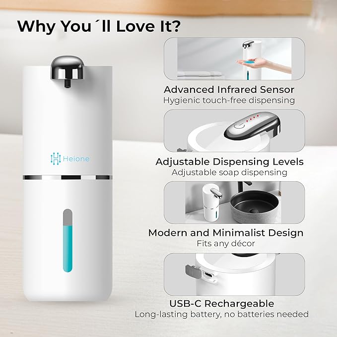 Automatic Touchless Liquid Soap Dispenser (White, 12.8oz) | USB-C Rechargeable, IPX5 Waterproof | Ideal for Bathroom & Kitchen Sink | Wall Mount or Countertop for Hand & Dish Soap