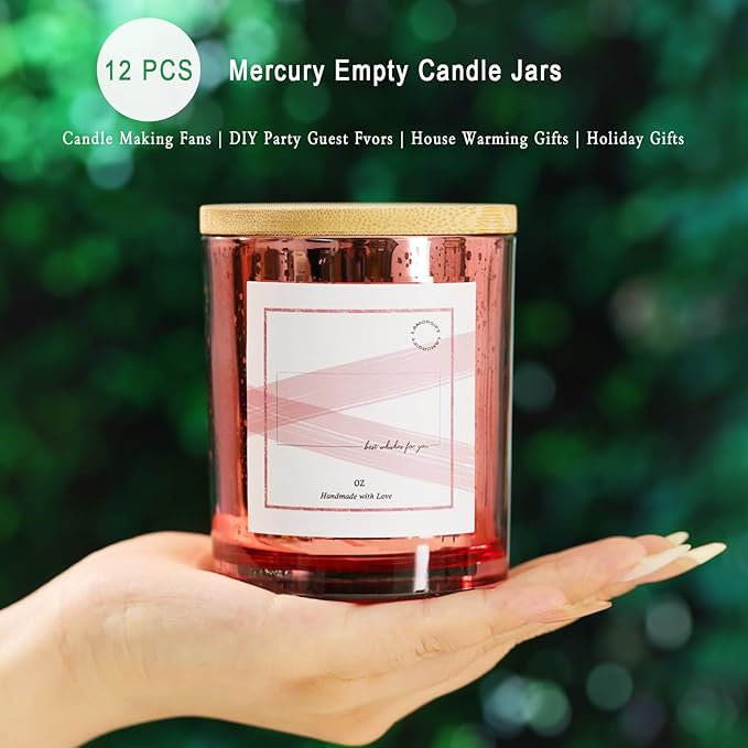 LAMORGIFT 10oz Rose Gold Empty Candle Jars With Lids - 12 Pack Making Containers - Mercury Glass Jars Include 15 Pcs Labels