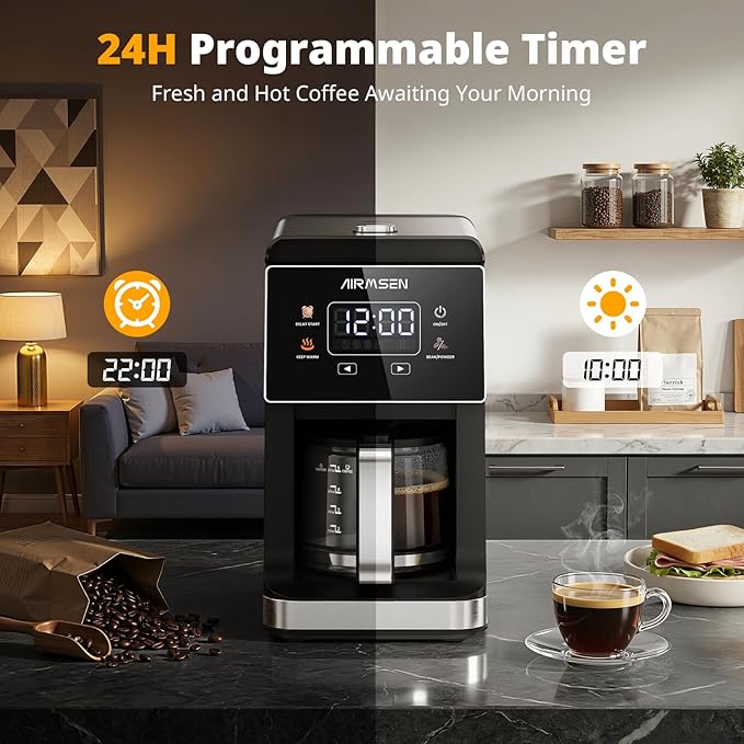 AIRMSEN Grind & Brew Coffee Maker with Built-in Grinder, Programmable Single Serve Coffee Maker - 5 Cup Capacity, 3 Grind Settings, Auto Keep Warm & Glass Carafe for Home and Office