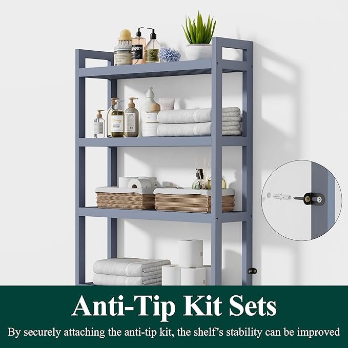 Smiry Over The Toilet Storage Cabinet, 4-Tier Bamboo Bathroom Organizers with Adjustable Shelf & 4 Hooks, Space Saving Shelf Rack for Bathrooms, Laundry Room, Balcony, Grey