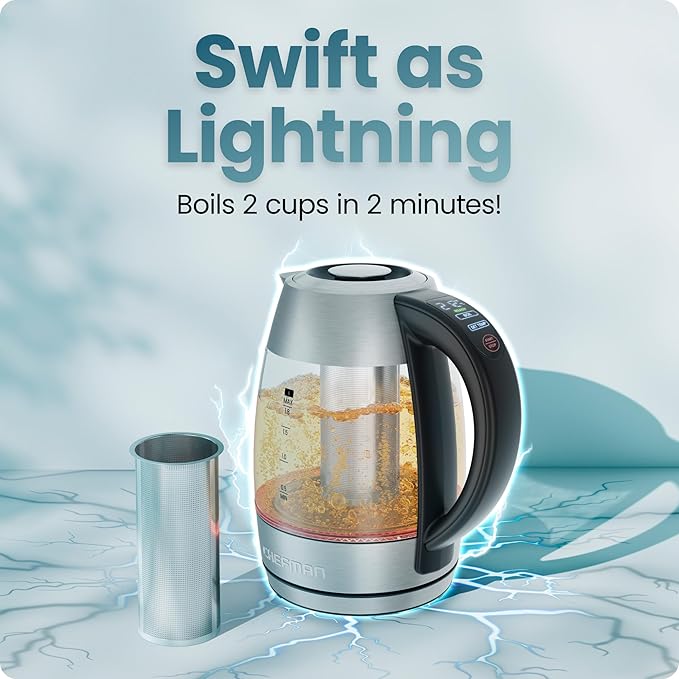CHEFMAN Lightning High-Powered Electric Kettle, 1.8L 1750W, Rapid Boil 2 Cups in 2 Minutes, BPA Free Cordless Tea Kettle with Digital Temperature Control and 1-Hour Keep Hot – Stainless Steel